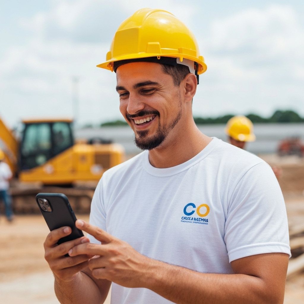 Trabalhador brasileiro sorridente com celular